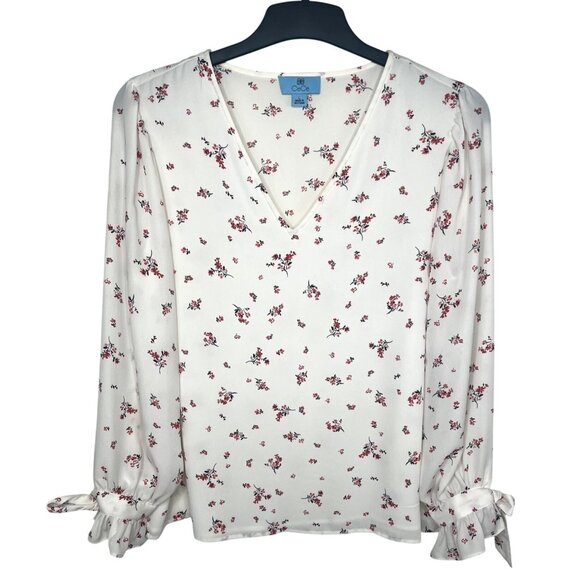 CeCe Breezy Sprigs Ecru Floral Print Long Sleeve V-Neck Tie-Cuff Blouse Large - Picture 1 of 15